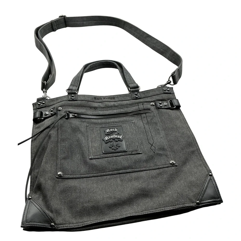 Rock Revival Y2K Canvas Messenger Bag Studded Crossbody Tote Grey OS Streetwear